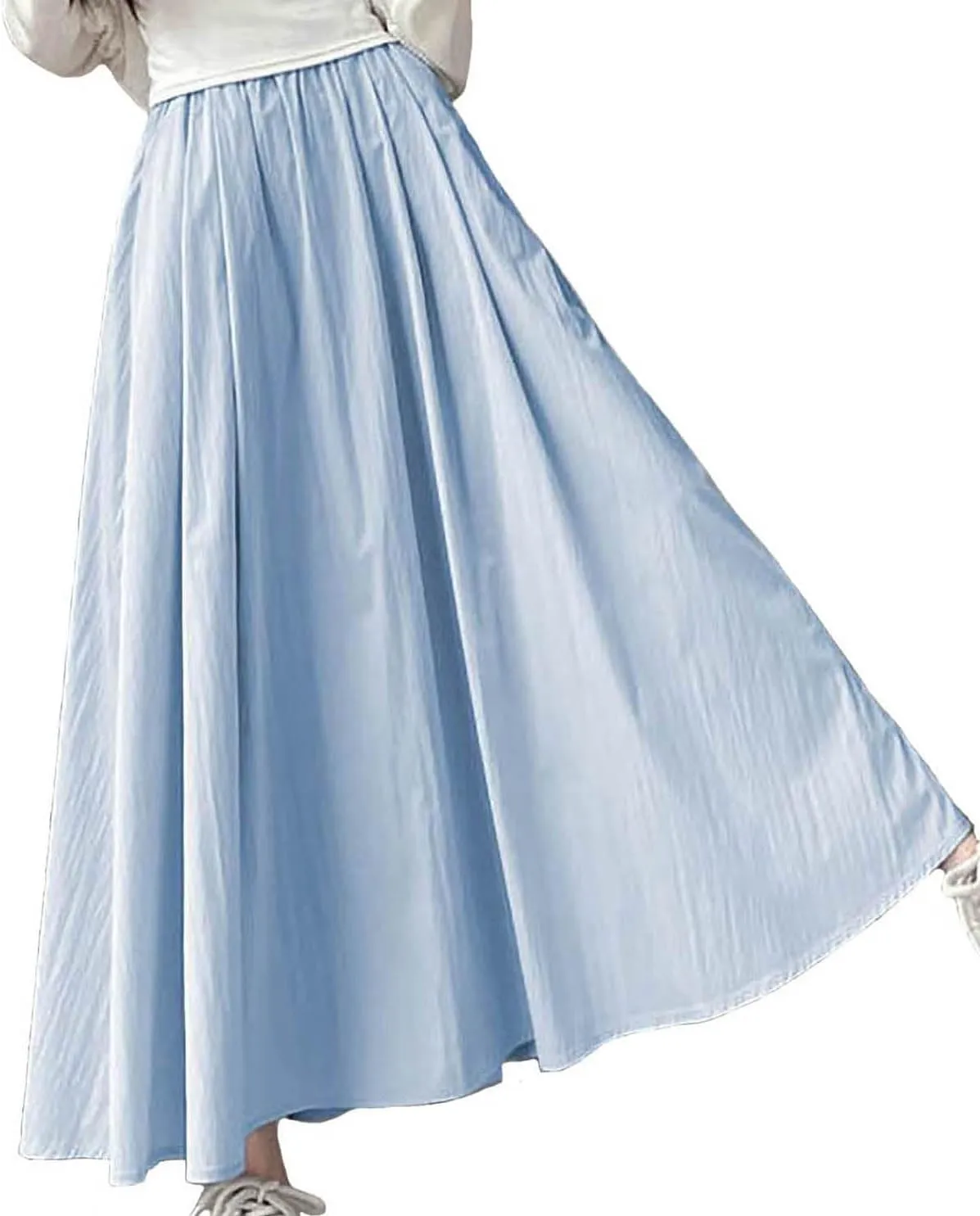 Summer Simple & Fashion Wrinkle Long Skirt for Women,Elastic High Waist Midi Skirt,Casual Maxi Skirt with Pockets
