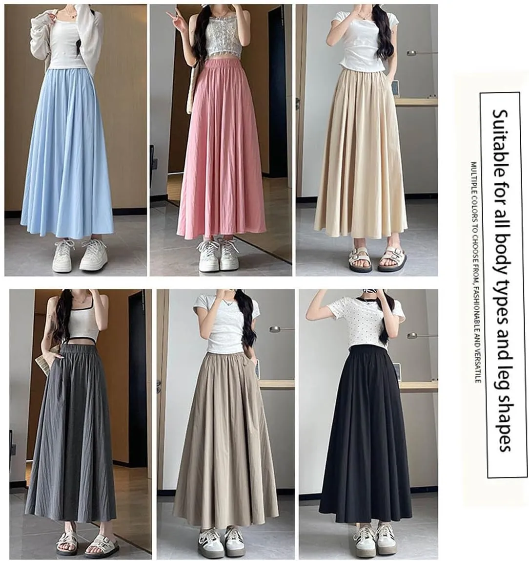 Summer Simple & Fashion Wrinkle Long Skirt for Women,Elastic High Waist Midi Skirt,Casual Maxi Skirt with Pockets