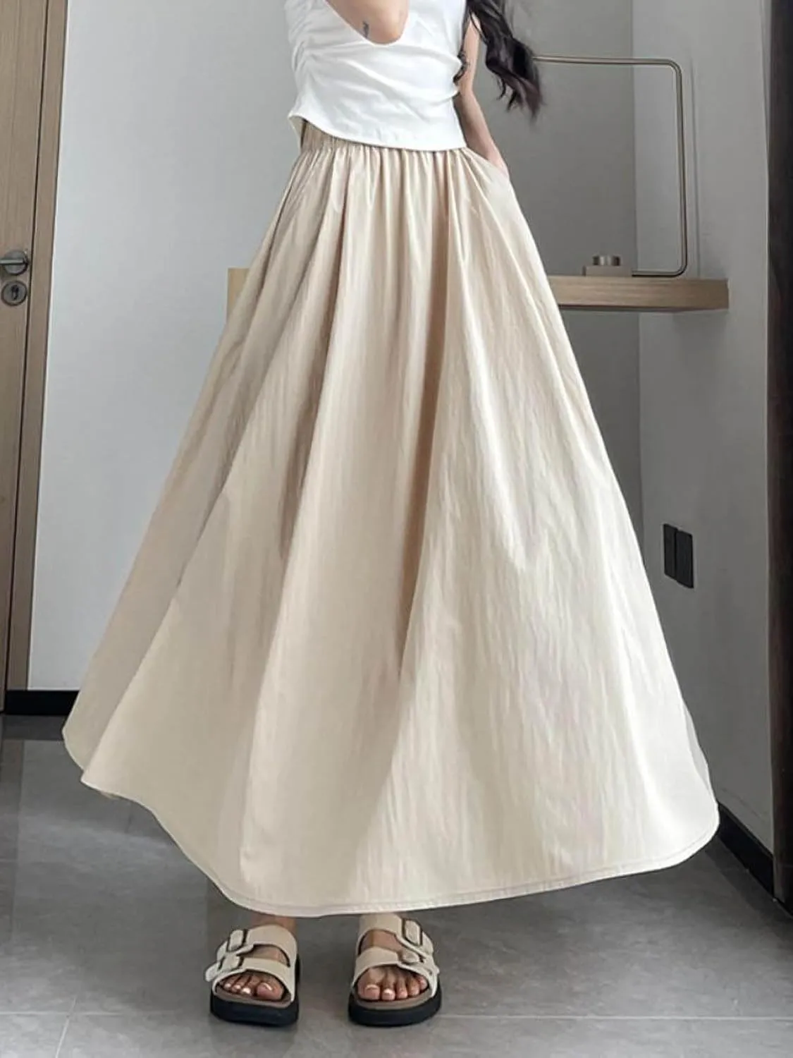 Summer Simple & Fashion Wrinkle Long Skirt for Women,Elastic High Waist Midi Skirt,Casual Maxi Skirt with Pockets