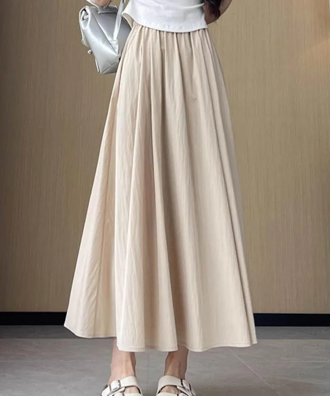 Summer Simple & Fashion Wrinkle Long Skirt for Women,Elastic High Waist Midi Skirt,Casual Maxi Skirt with Pockets
