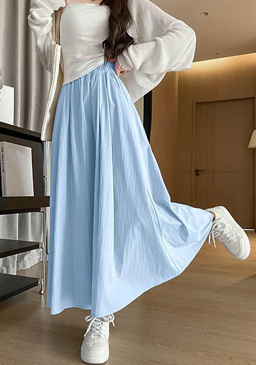 Summer Simple & Fashion Wrinkle Long Skirt for Women,Elastic High Waist Midi Skirt,Casual Maxi Skirt with Pockets
