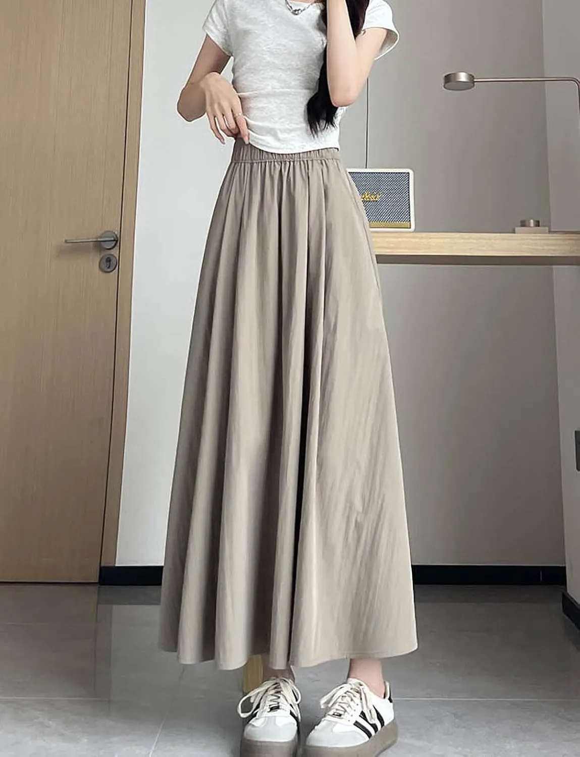 Summer Simple & Fashion Wrinkle Long Skirt for Women,Elastic High Waist Midi Skirt,Casual Maxi Skirt with Pockets