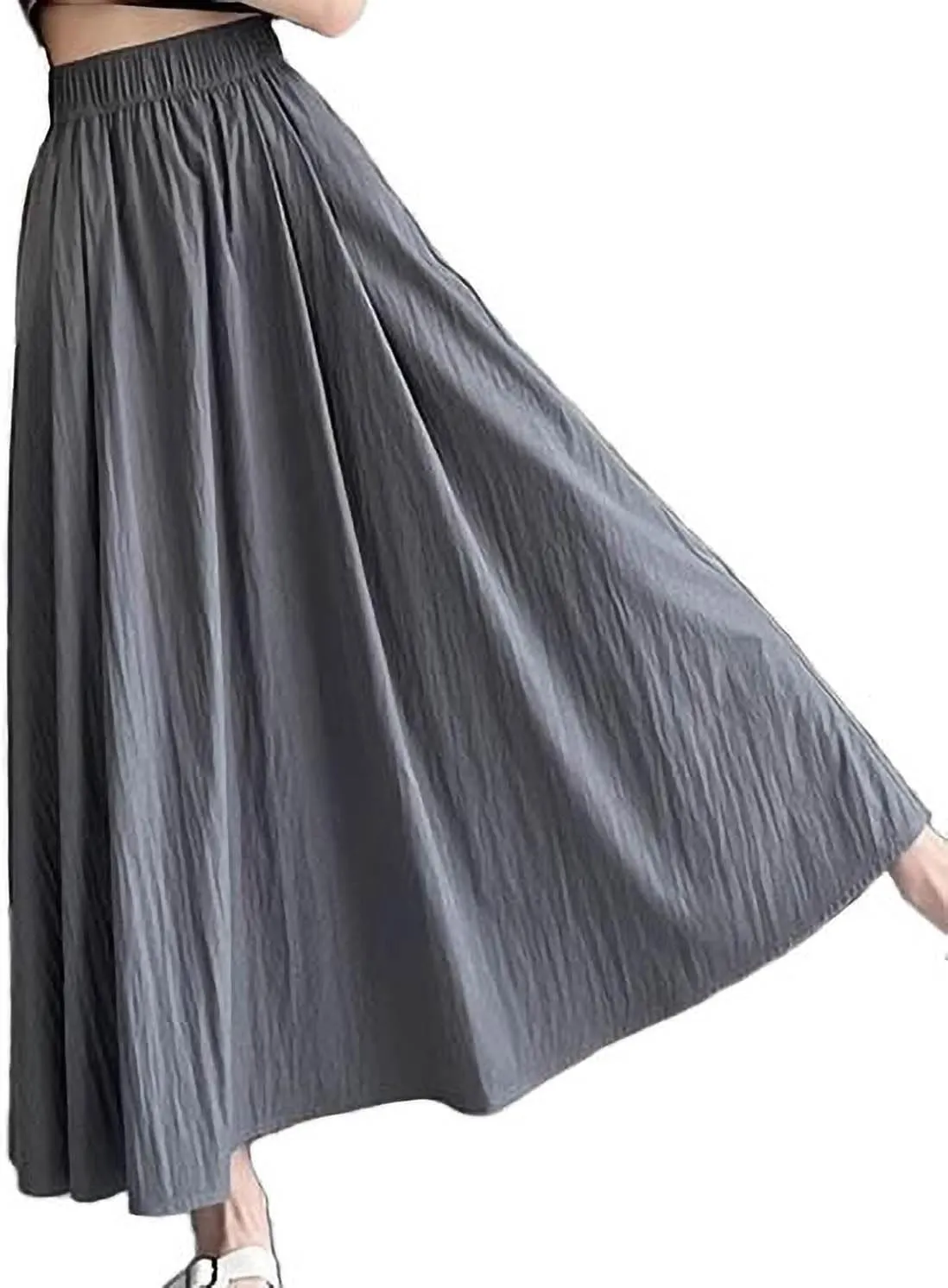 Summer Simple & Fashion Wrinkle Long Skirt for Women,Elastic High Waist Midi Skirt,Casual Maxi Skirt with Pockets