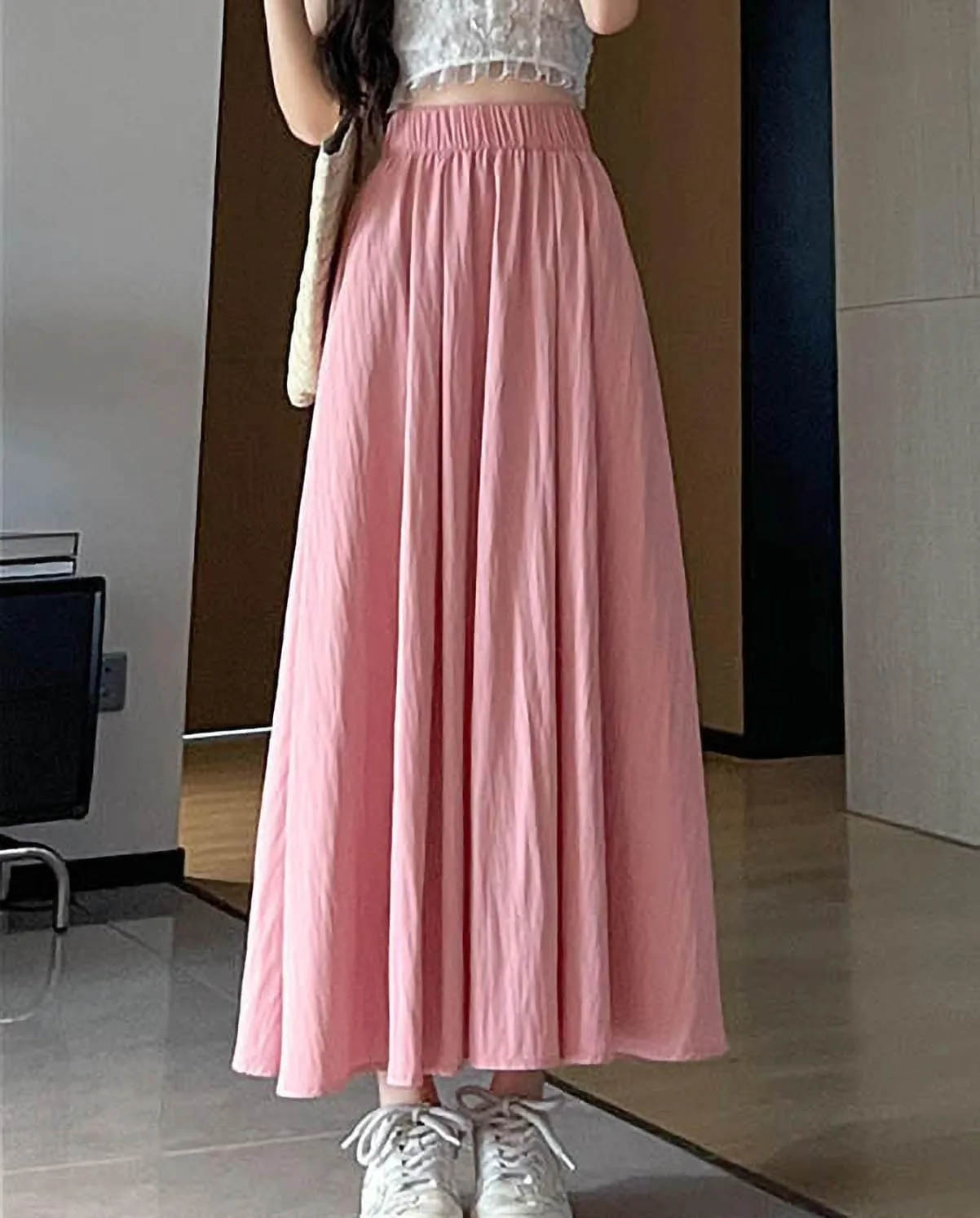 Summer Simple & Fashion Wrinkle Long Skirt for Women,Elastic High Waist Midi Skirt,Casual Maxi Skirt with Pockets
