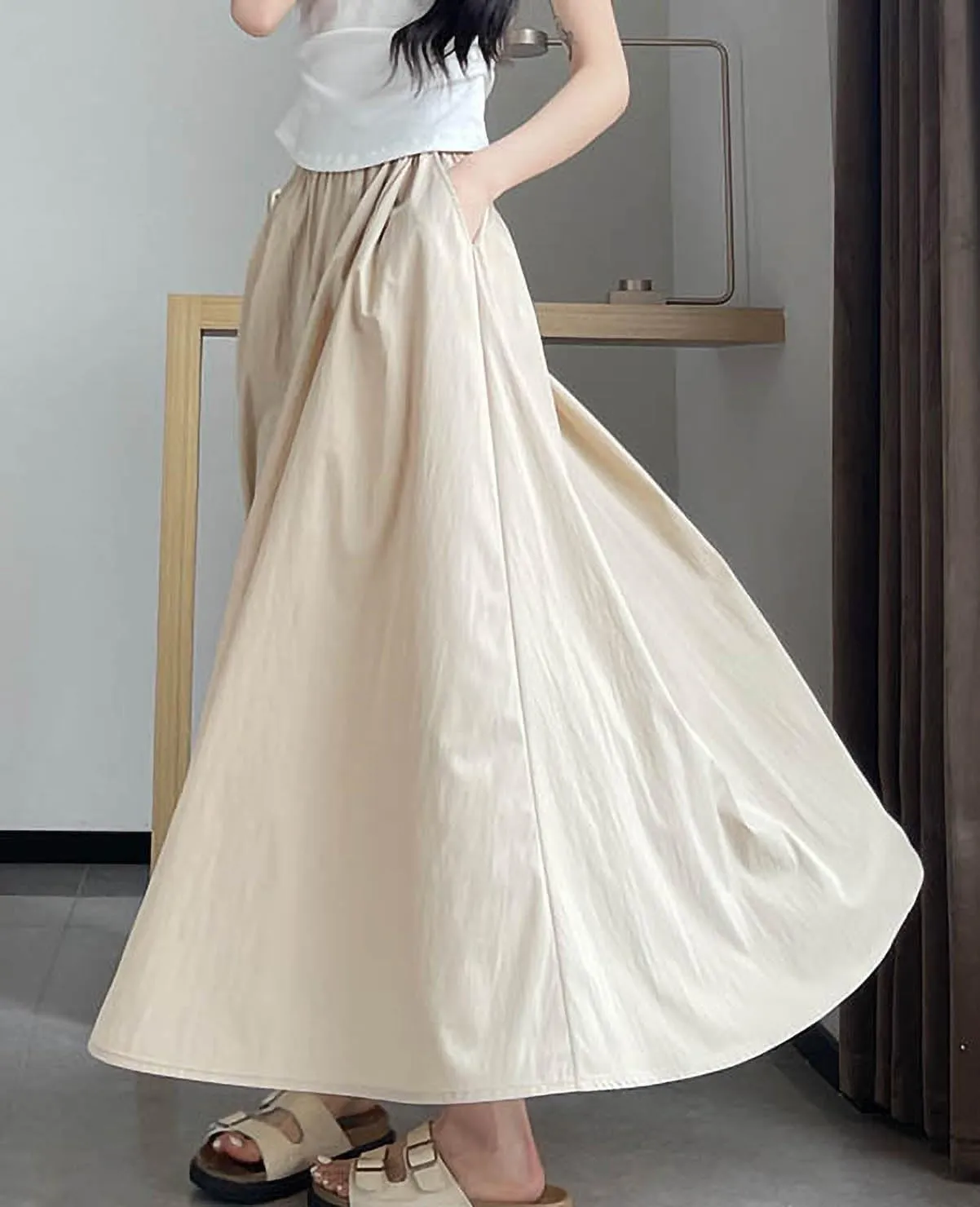 Summer Simple & Fashion Wrinkle Long Skirt for Women,Elastic High Waist Midi Skirt,Casual Maxi Skirt with Pockets