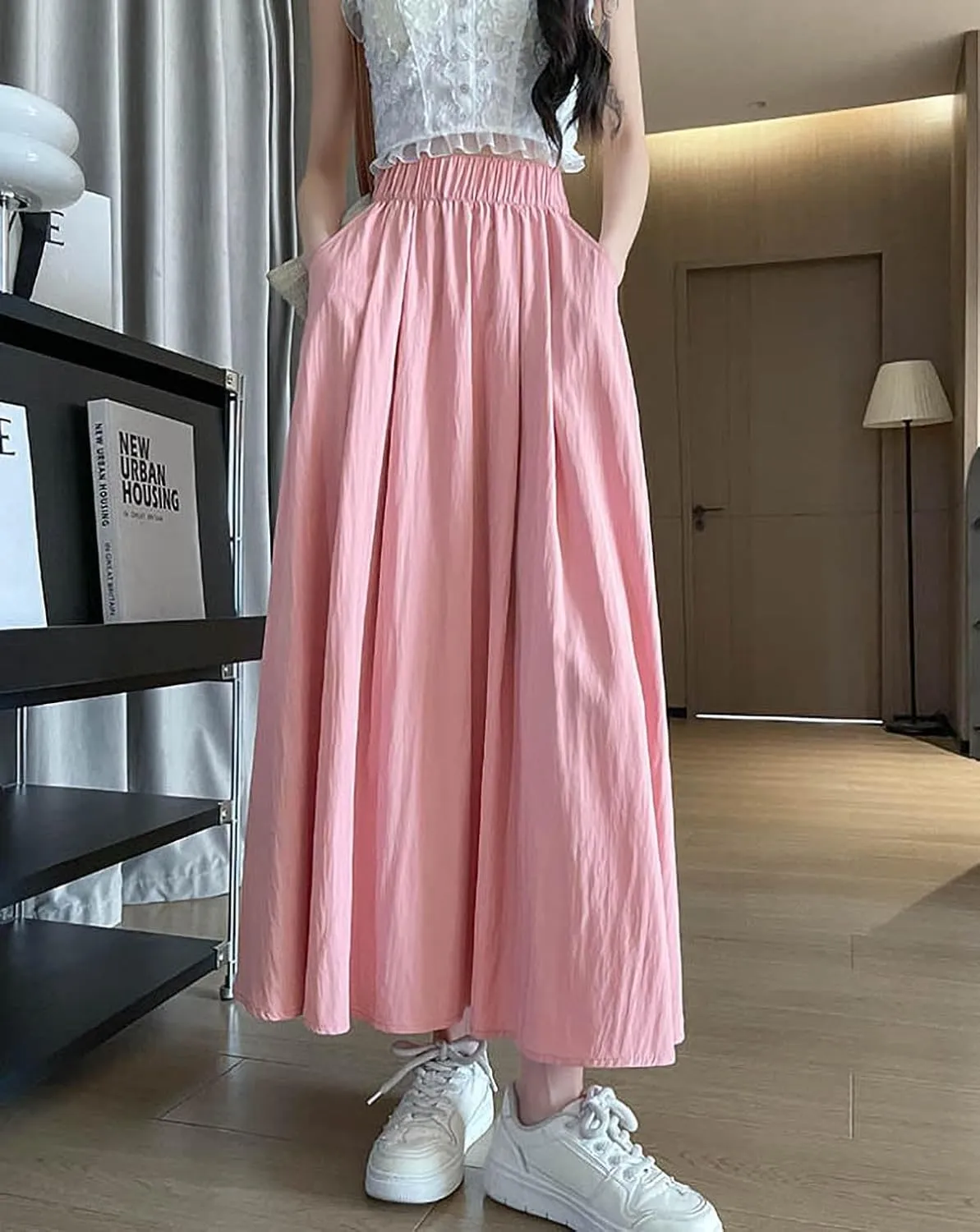 Summer Simple & Fashion Wrinkle Long Skirt for Women,Elastic High Waist Midi Skirt,Casual Maxi Skirt with Pockets