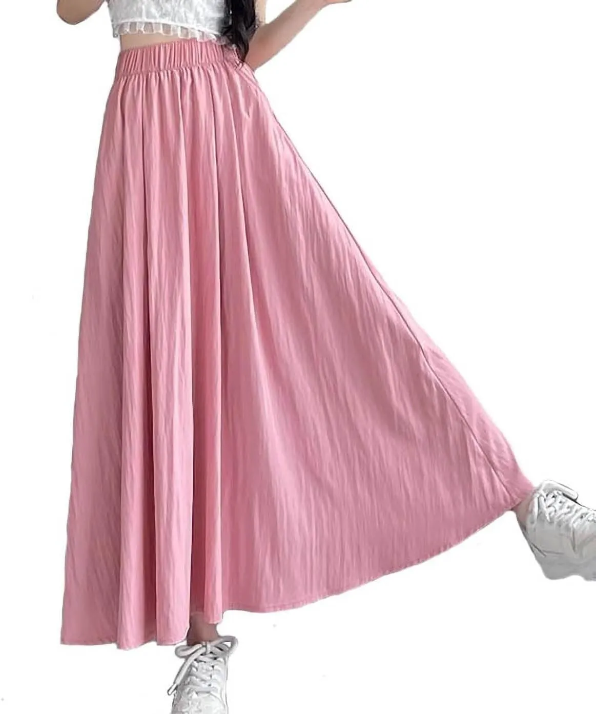 Summer Simple & Fashion Wrinkle Long Skirt for Women,Elastic High Waist Midi Skirt,Casual Maxi Skirt with Pockets