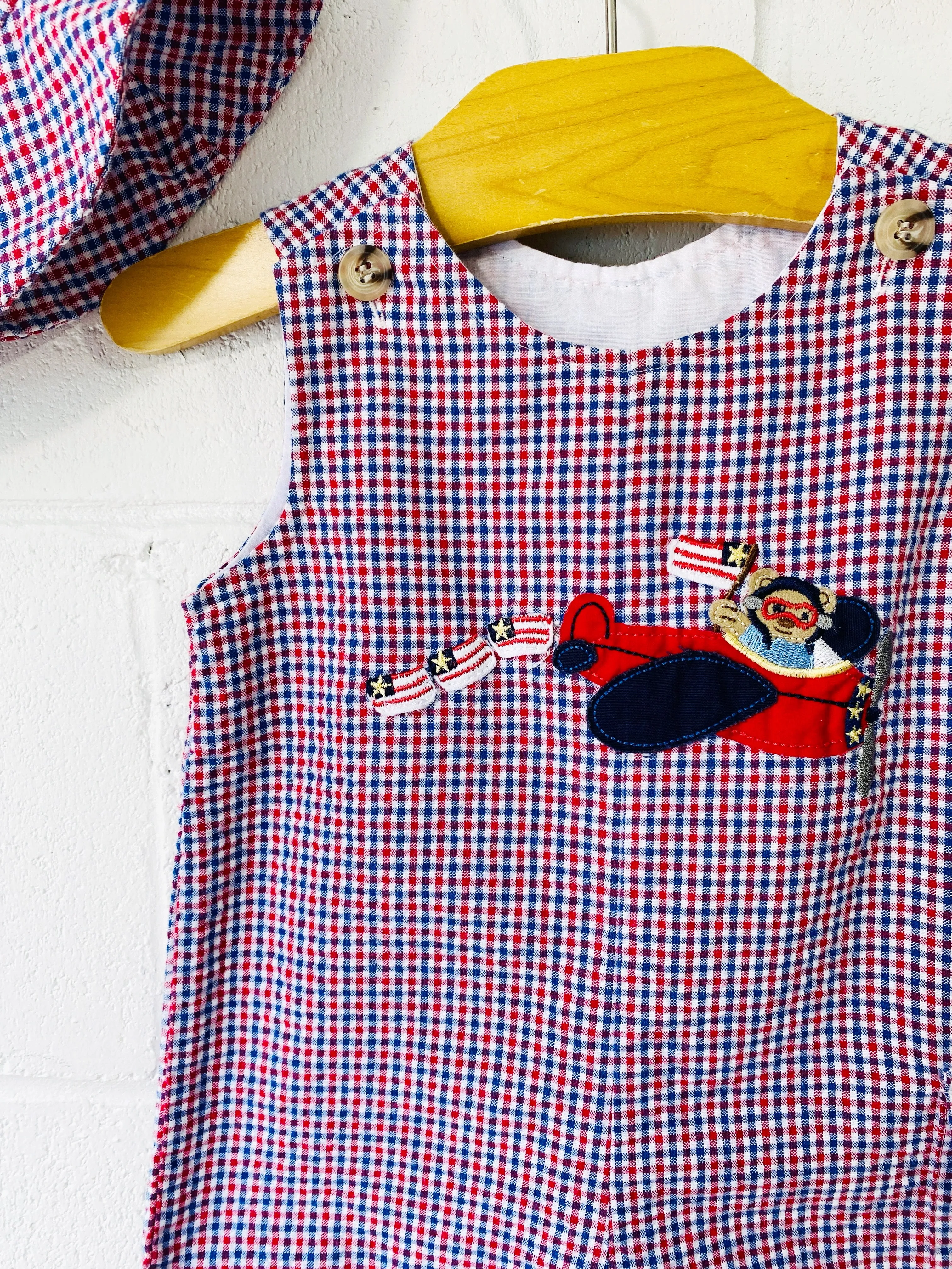 Tiny Check Romperall w/ Hat, 6-9 months