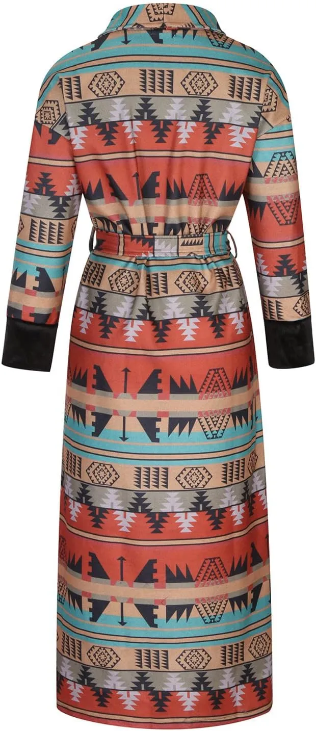 TUNUSKAT Womens Trench Coat Fall Winter Plus Size Aztec Print Western Long Jacket Lapel Vintage Casual Wool Pea Coat Overcoat