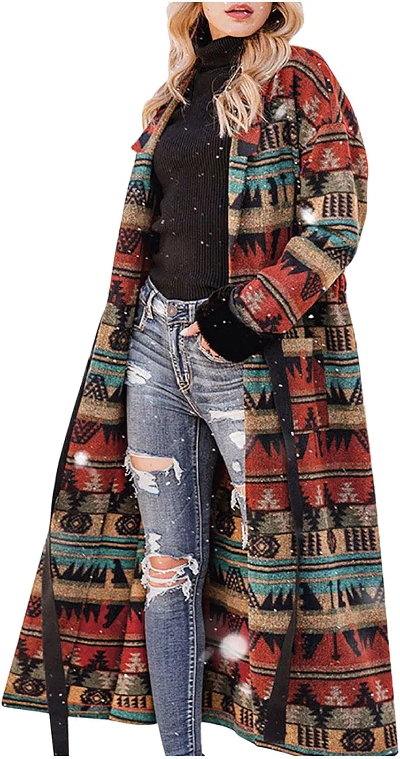 TUNUSKAT Womens Trench Coat Fall Winter Plus Size Aztec Print Western Long Jacket Lapel Vintage Casual Wool Pea Coat Overcoat