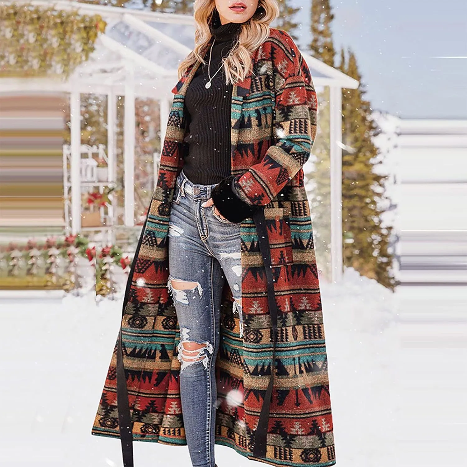 TUNUSKAT Womens Trench Coat Fall Winter Plus Size Aztec Print Western Long Jacket Lapel Vintage Casual Wool Pea Coat Overcoat