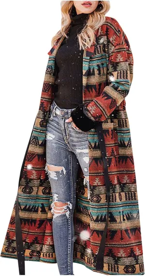 TUNUSKAT Womens Trench Coat Fall Winter Plus Size Aztec Print Western Long Jacket Lapel Vintage Casual Wool Pea Coat Overcoat