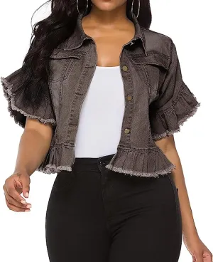 vunahzma Women's Denim Jacket Button Down Distressed Ruffle Sleeve Crop Jean Jackets Coat