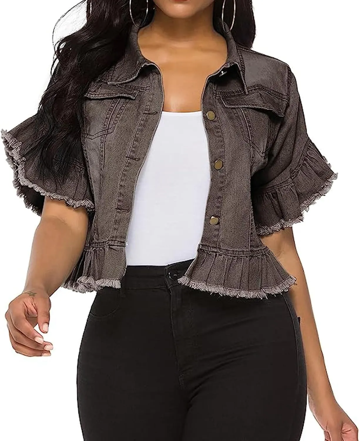 vunahzma Women's Denim Jacket Button Down Distressed Ruffle Sleeve Crop Jean Jackets Coat