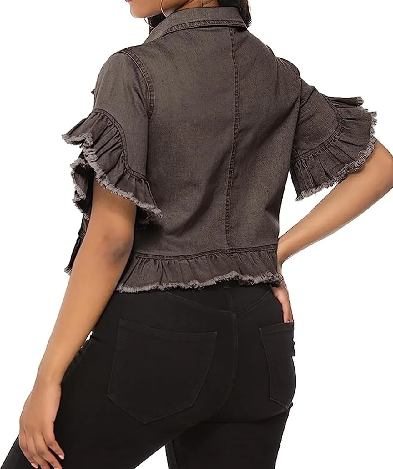 vunahzma Women's Denim Jacket Button Down Distressed Ruffle Sleeve Crop Jean Jackets Coat