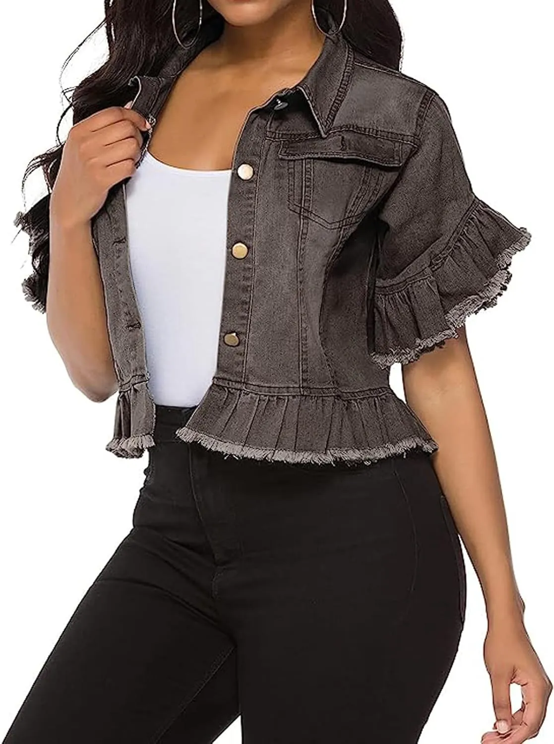 vunahzma Women's Denim Jacket Button Down Distressed Ruffle Sleeve Crop Jean Jackets Coat