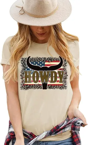 Western Cowboy Graphic Tees for Women Vintage Cow Skull Short Sleeve T Shirt Country Music Cowgirs Tops