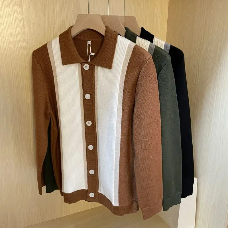WIAOFELLAS  -  Mens Clothes Trendy Contrast Color Patchwork Button Sweater Cardigan Autumn Winter Polo Collar Long Sleeve Loose Knitted Jackets