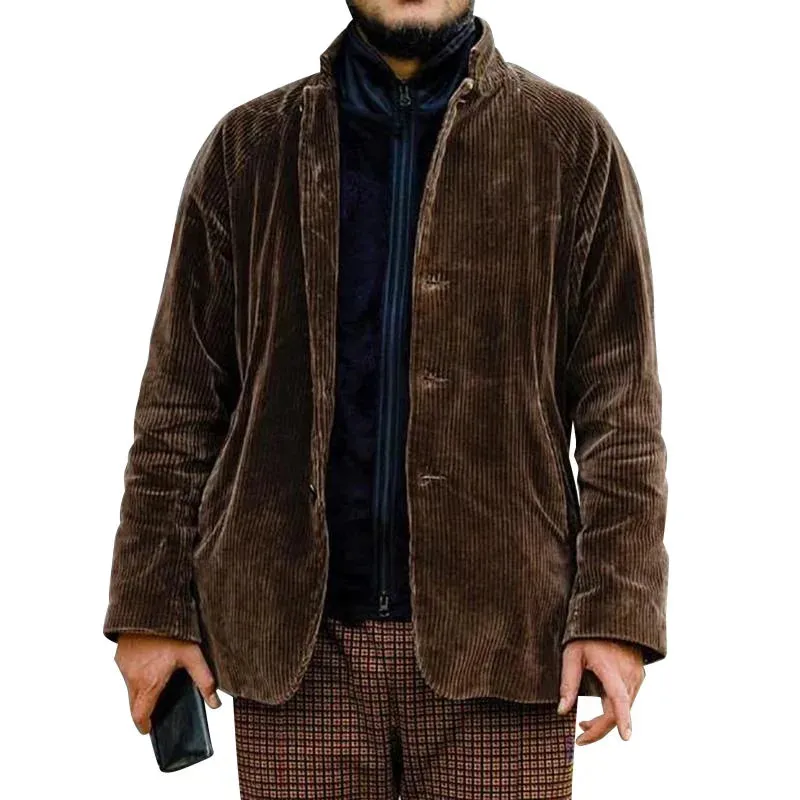 Wiaofellas  -  Trendy Turn-down Collar Mens Corduroy Jackets Autumn Casual Solid Color Button-up Jacket Coat Corduroy Men Slim Outerwear