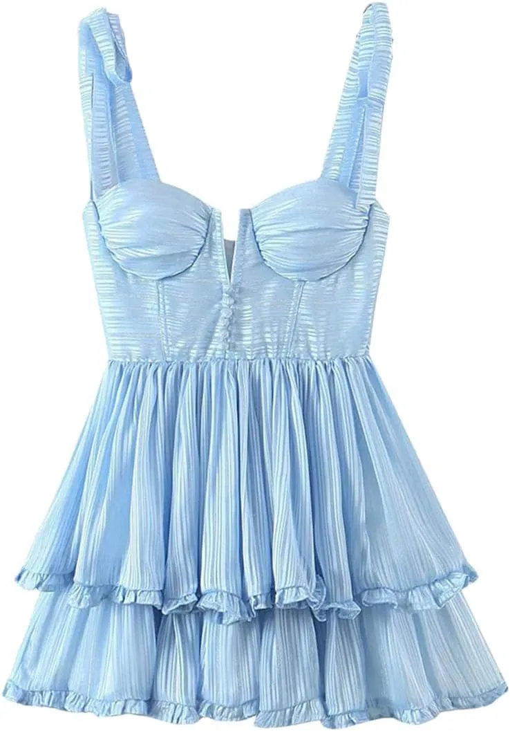 Women Slim Shoulder Straps Ruffle Cake Chiffon Dress Ladies Floral Print Holiday Party Mini Dress