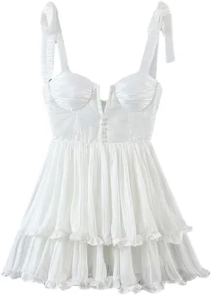 Women Slim Shoulder Straps Ruffle Cake Chiffon Dress Ladies Floral Print Holiday Party Mini Dress