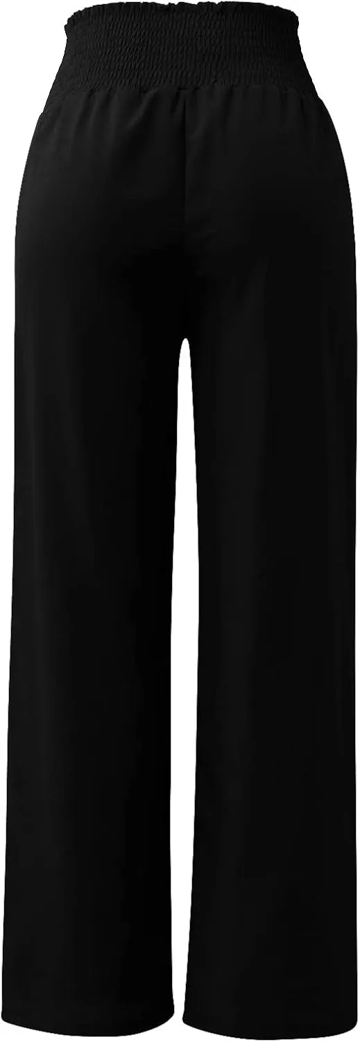Women Summer Casual Pants Cotton Linen Solid Color Trousers High Waist Wide Leg Palazzo Pants Yoga Beach Soft