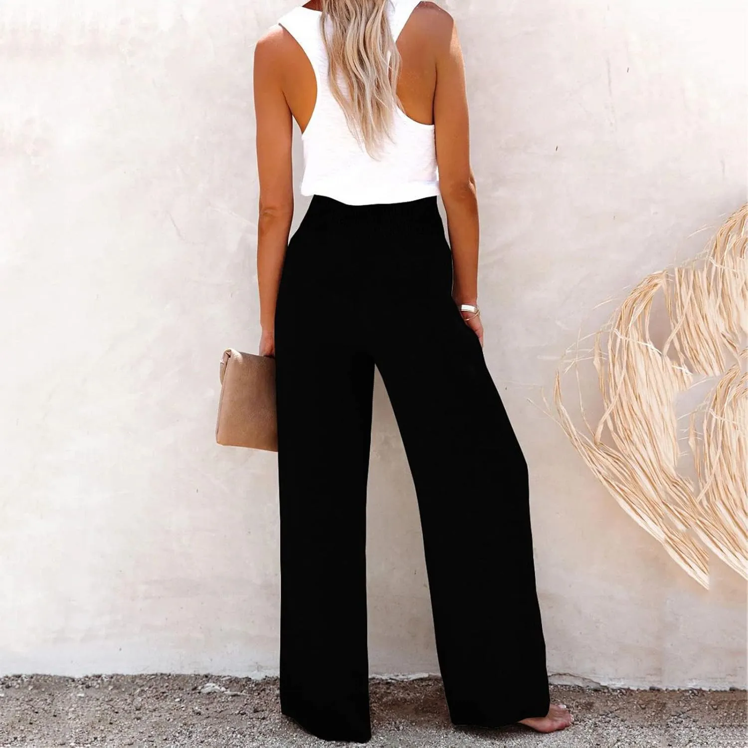 Women Summer Casual Pants Cotton Linen Solid Color Trousers High Waist Wide Leg Palazzo Pants Yoga Beach Soft