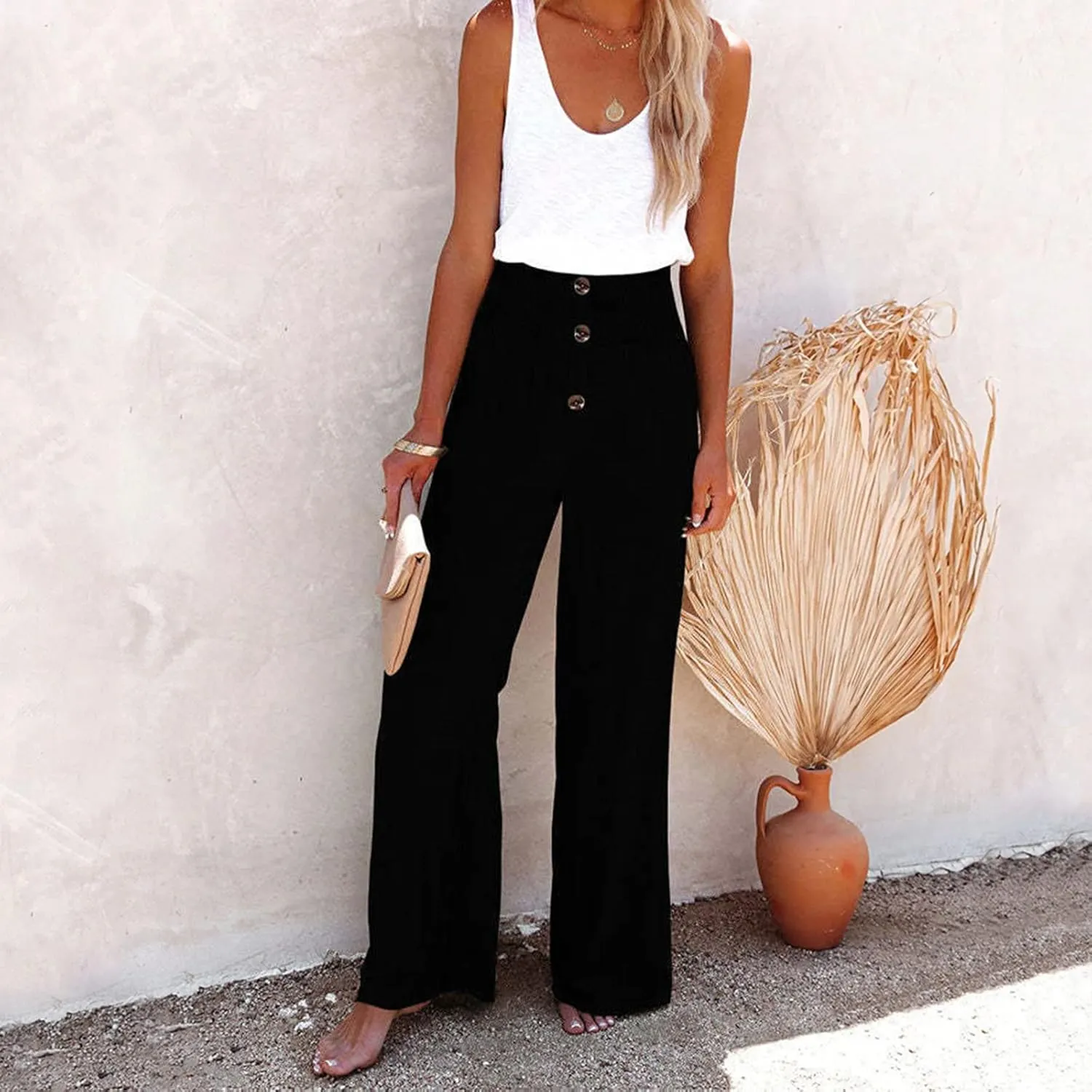 Women Summer Casual Pants Cotton Linen Solid Color Trousers High Waist Wide Leg Palazzo Pants Yoga Beach Soft