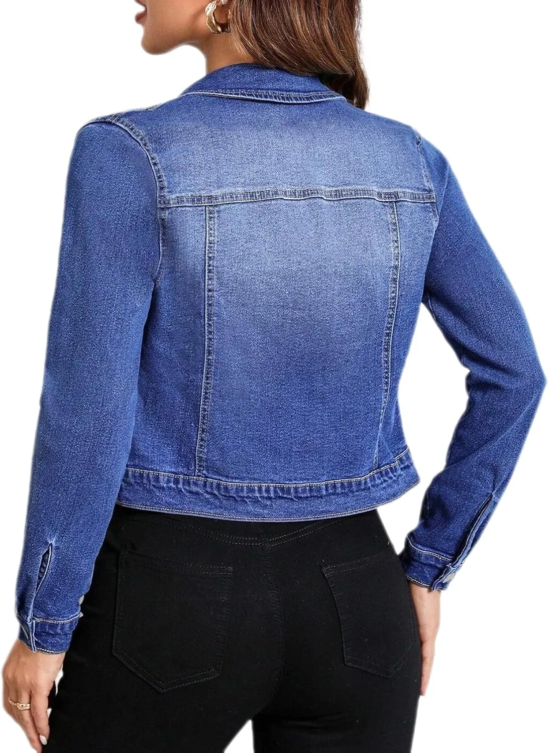 Women Trendy Jean Jacket Stretchy Cropped Denim Jacket Long Sleeve Button Down Denim Coat