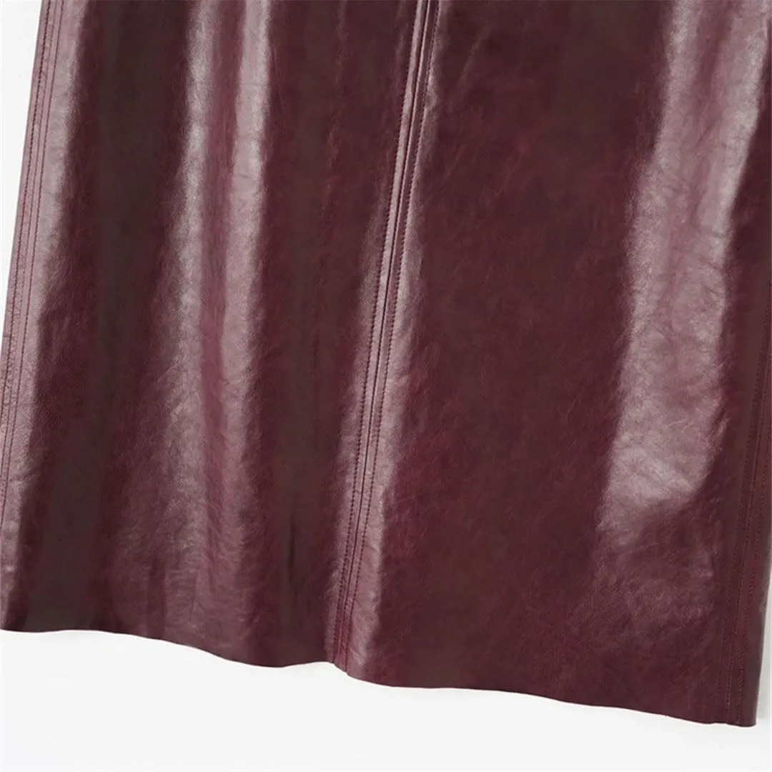 Women Vintage Real Leather Skirt High Waist Long Package Hip Skirts Solid Straight Midi Skirt
