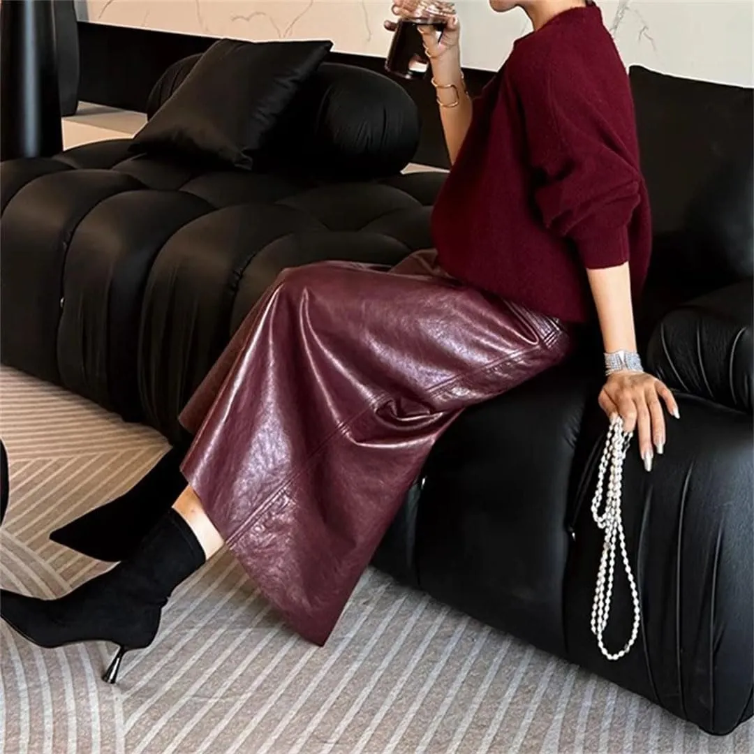 Women Vintage Real Leather Skirt High Waist Long Package Hip Skirts Solid Straight Midi Skirt
