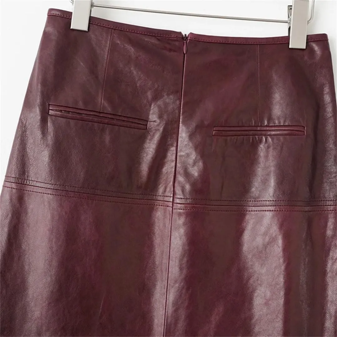 Women Vintage Real Leather Skirt High Waist Long Package Hip Skirts Solid Straight Midi Skirt