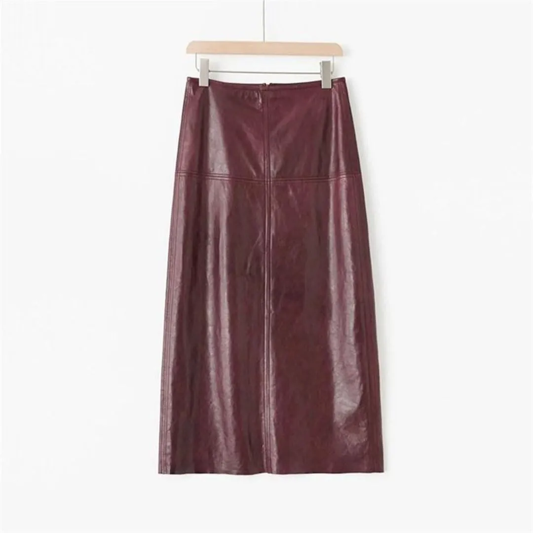 Women Vintage Real Leather Skirt High Waist Long Package Hip Skirts Solid Straight Midi Skirt
