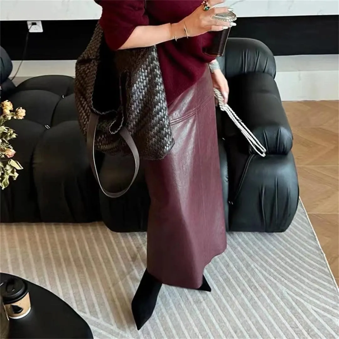Women Vintage Real Leather Skirt High Waist Long Package Hip Skirts Solid Straight Midi Skirt