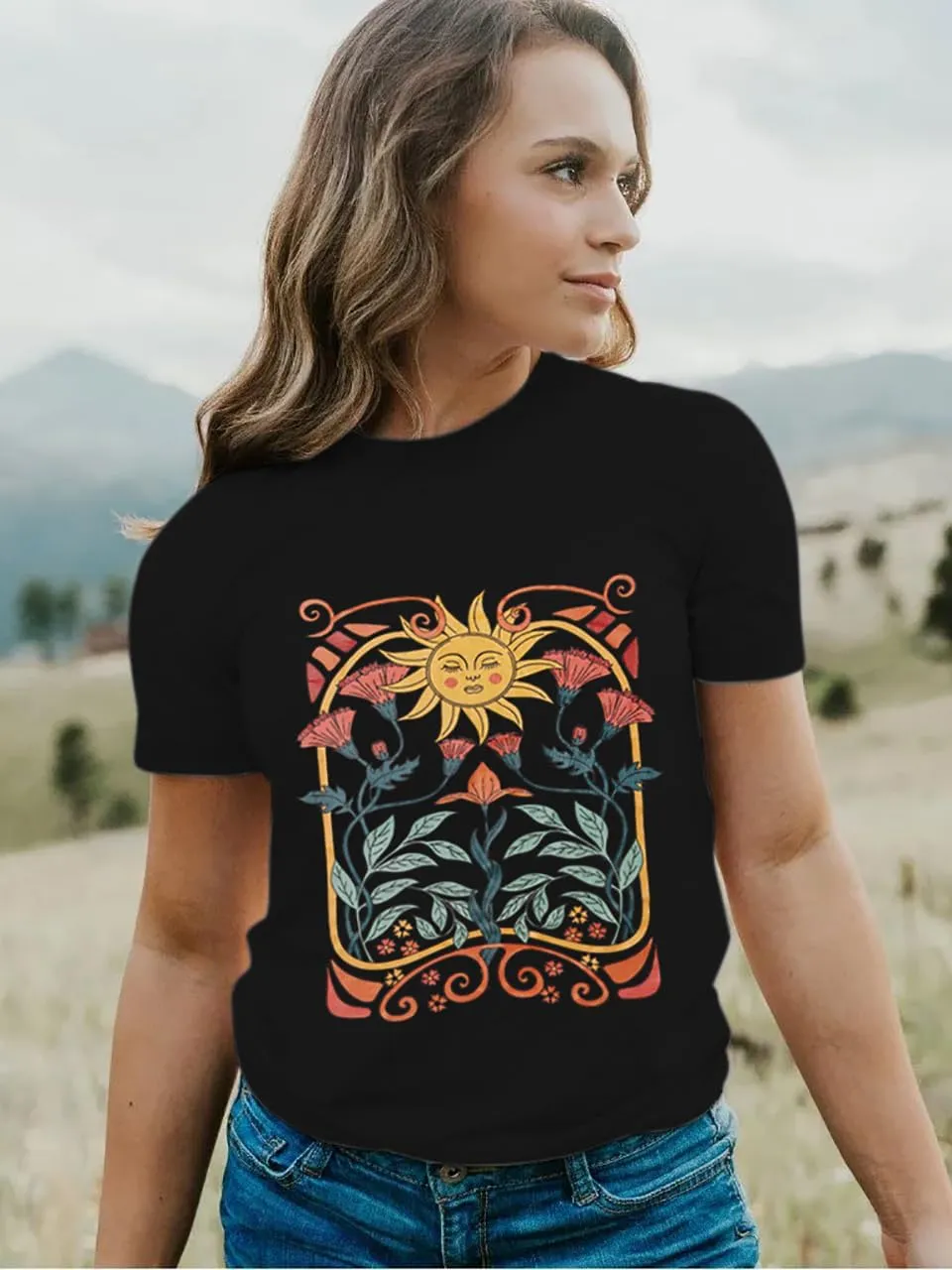 Women Vintage Wildflower T Shirt Funny Sun Mystical Shirts Boho Graphic Tees Short Sleeve Tops