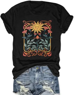 Women Vintage Wildflower T Shirt Funny Sun Mystical Shirts Boho Graphic Tees Short Sleeve Tops