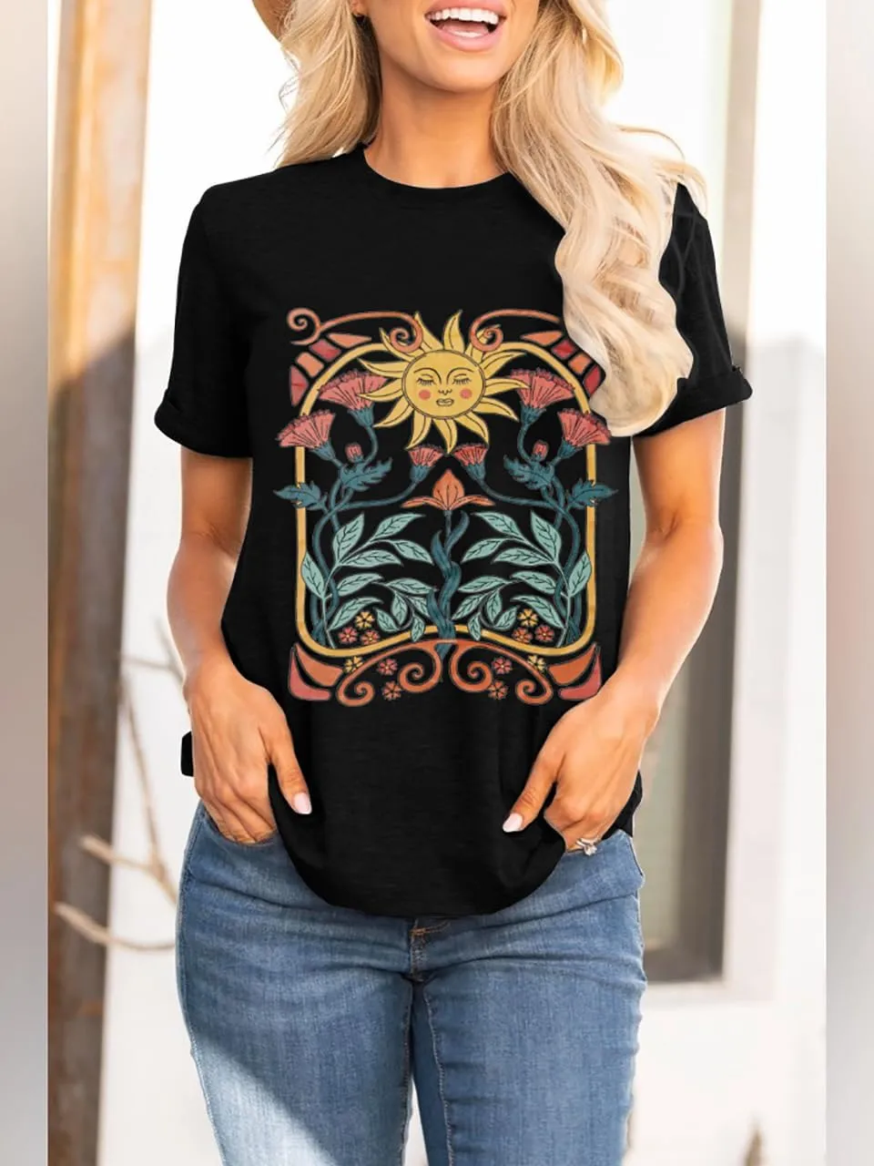 Women Vintage Wildflower T Shirt Funny Sun Mystical Shirts Boho Graphic Tees Short Sleeve Tops