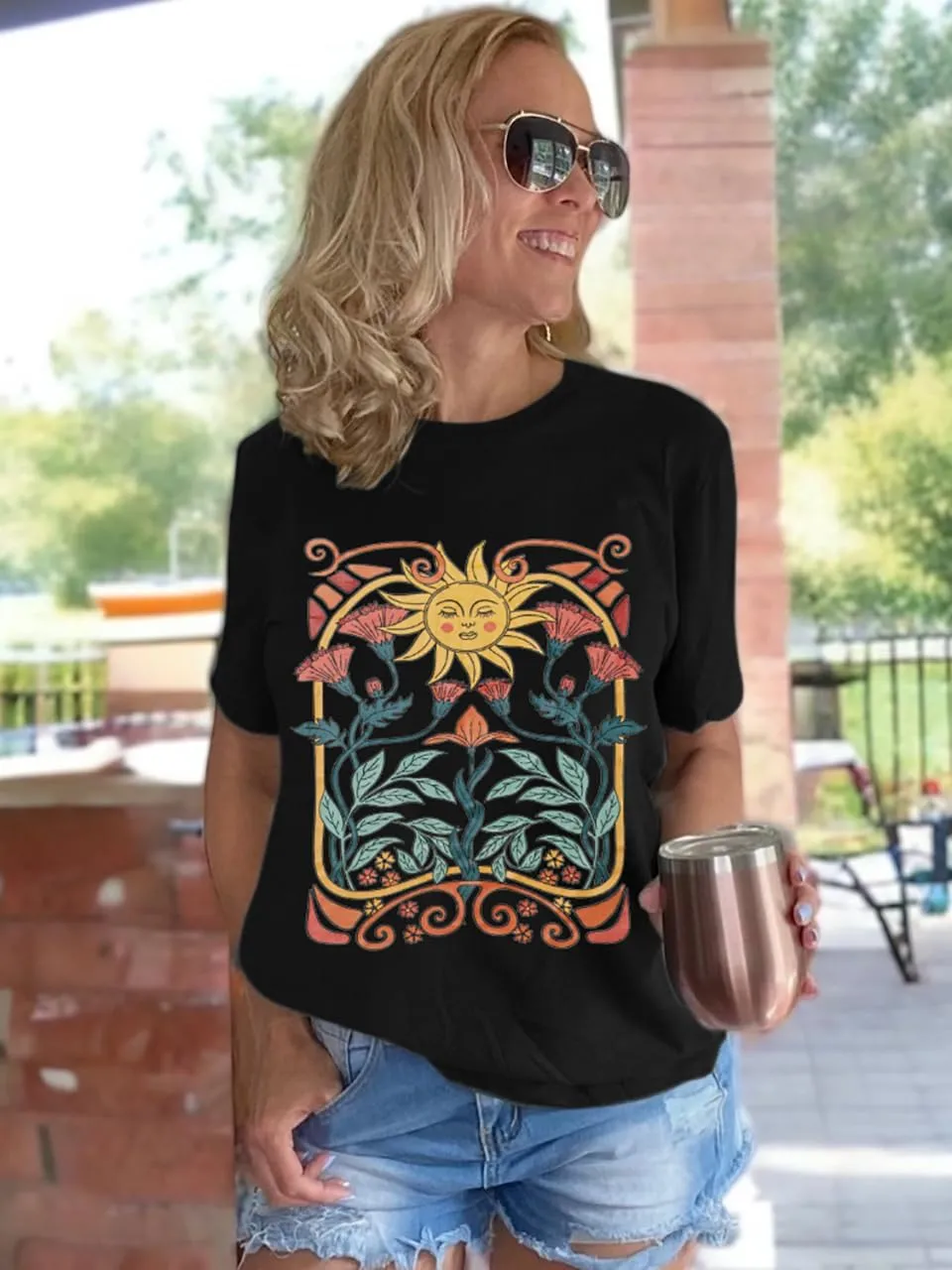 Women Vintage Wildflower T Shirt Funny Sun Mystical Shirts Boho Graphic Tees Short Sleeve Tops