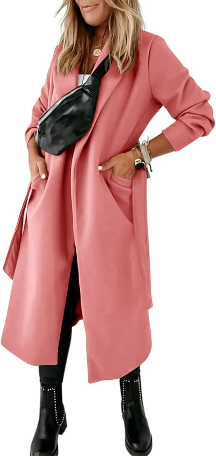 Womens Classic Coat Lapel Collar Open Front Belted Long Jacket