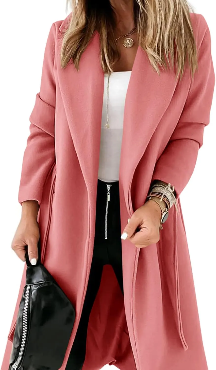 Womens Classic Coat Lapel Collar Open Front Belted Long Jacket