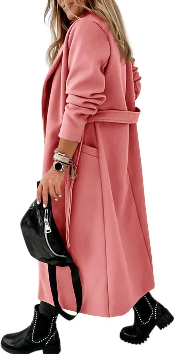 Womens Classic Coat Lapel Collar Open Front Belted Long Jacket