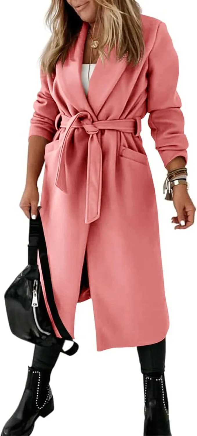Womens Classic Coat Lapel Collar Open Front Belted Long Jacket