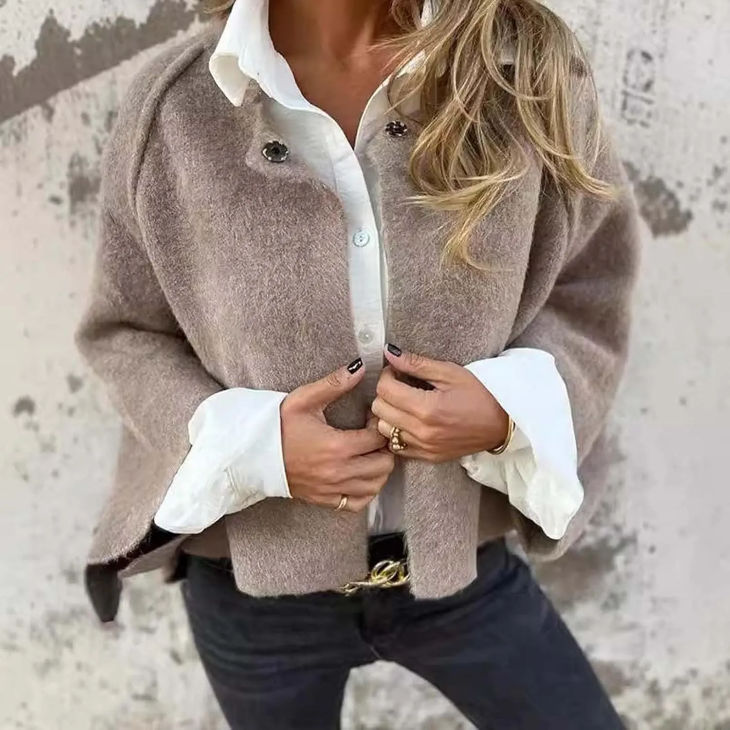 Women's Elegant Poncho Open Front Long Sleeve Flowy Wool Blend Cape Cloak Coat Cropped Cardigan Shrug Outwear