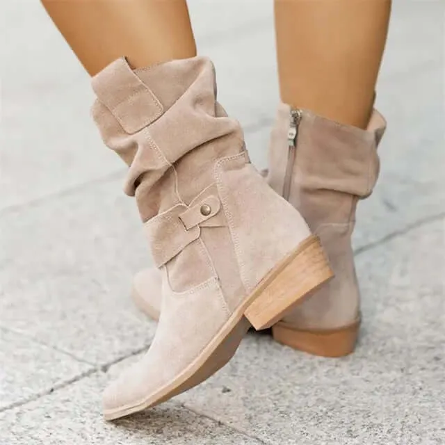 Women's Low Block Heel Ankle Boots with Side Zipper