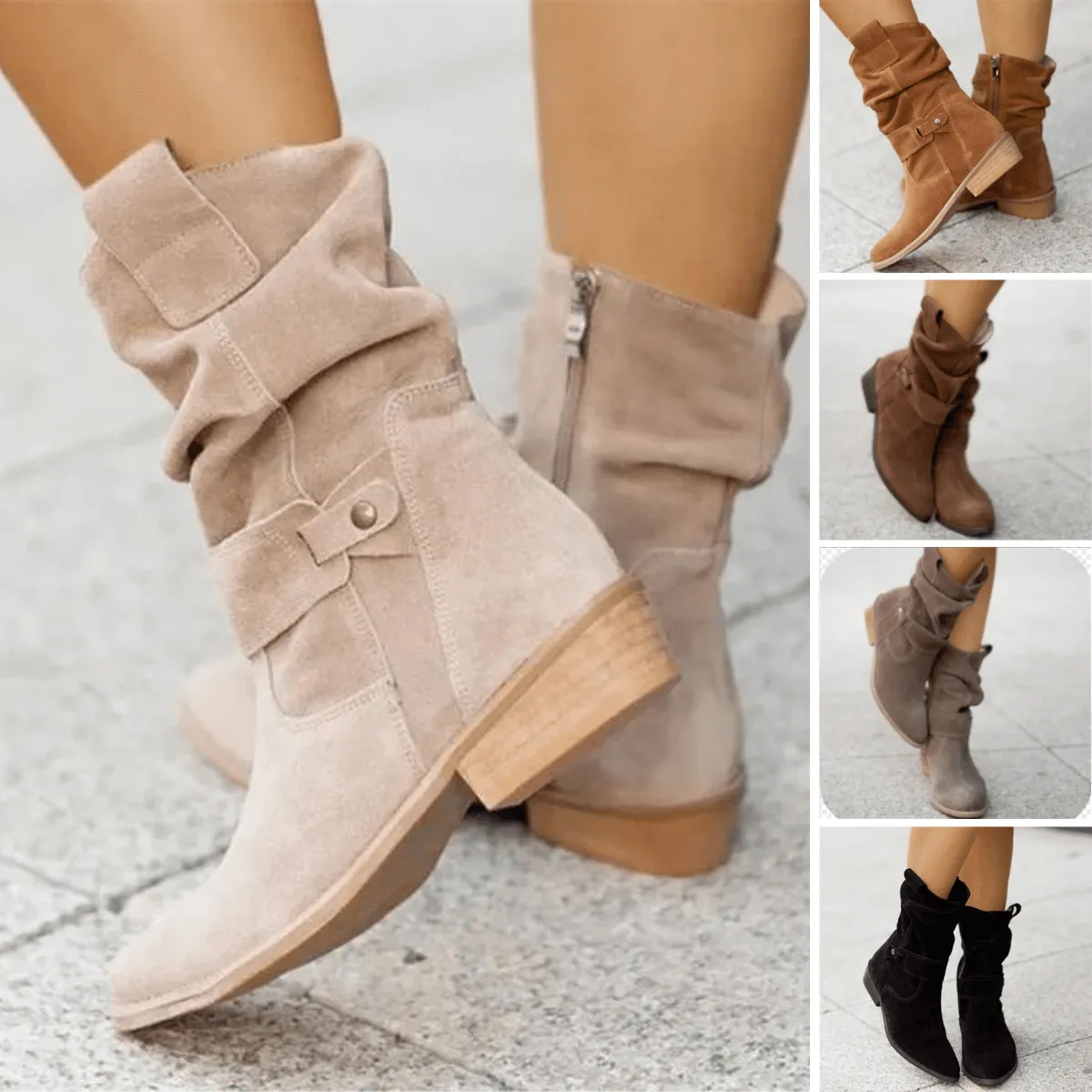 Women's Low Block Heel Ankle Boots with Side Zipper