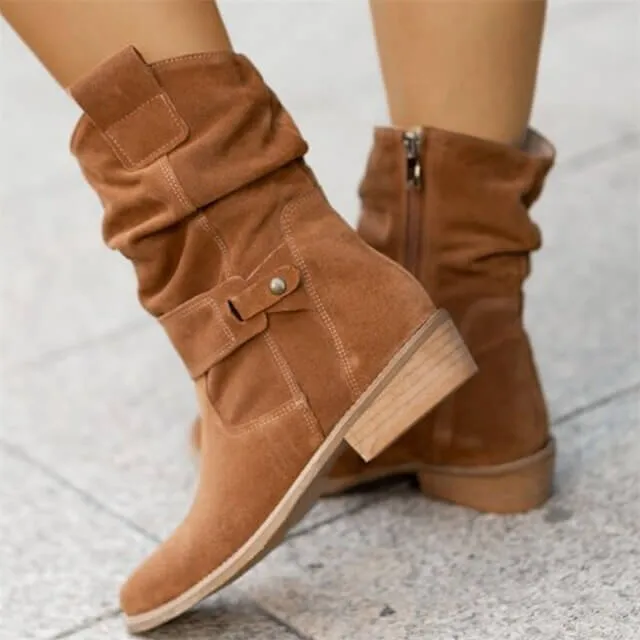 Women's Low Block Heel Ankle Boots with Side Zipper