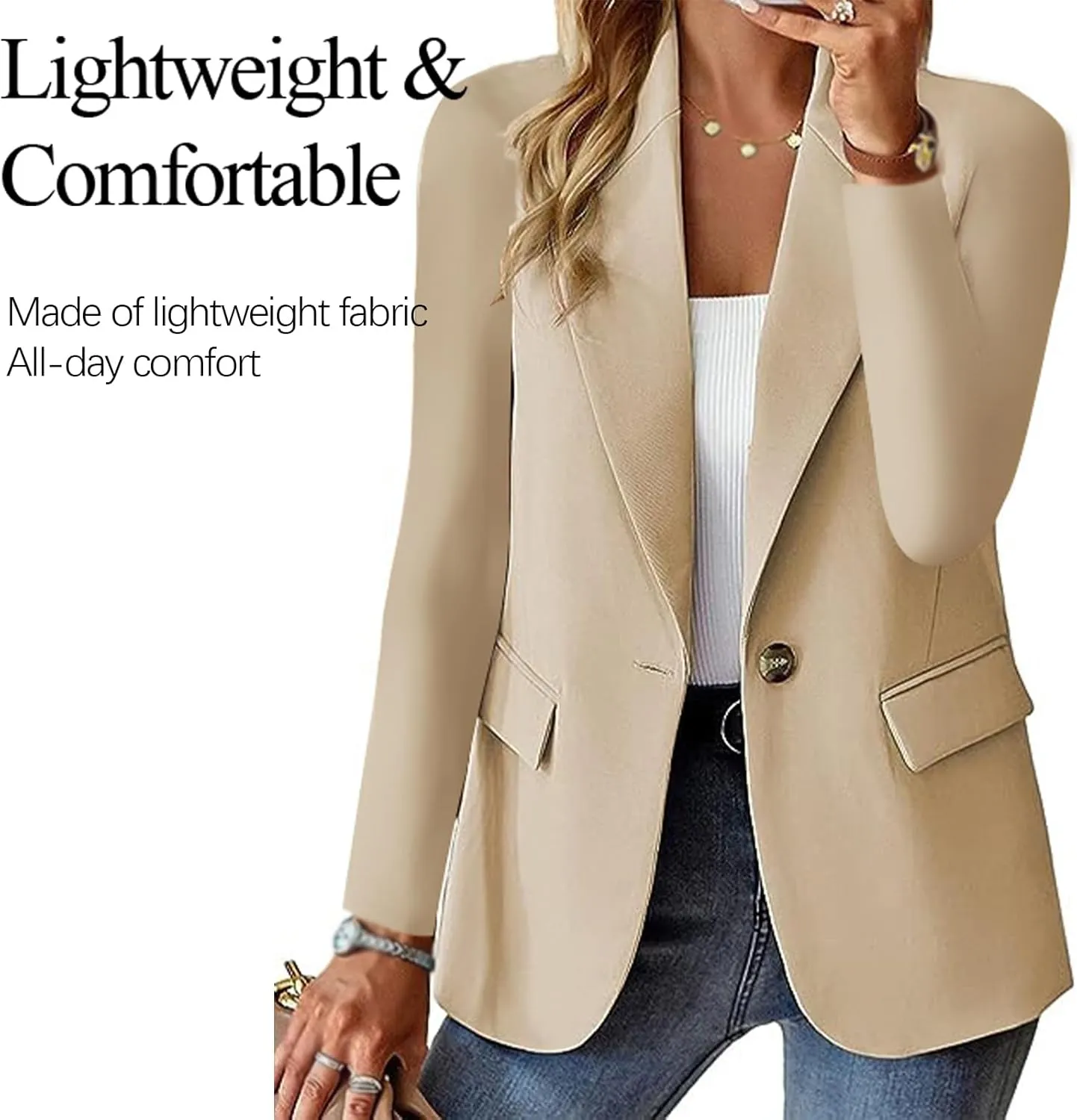 Women's Minimalist Solid Button Lapel Collar Blazer, Trendy Dressy Casual Suit Jackets Business Office Long Sleeves