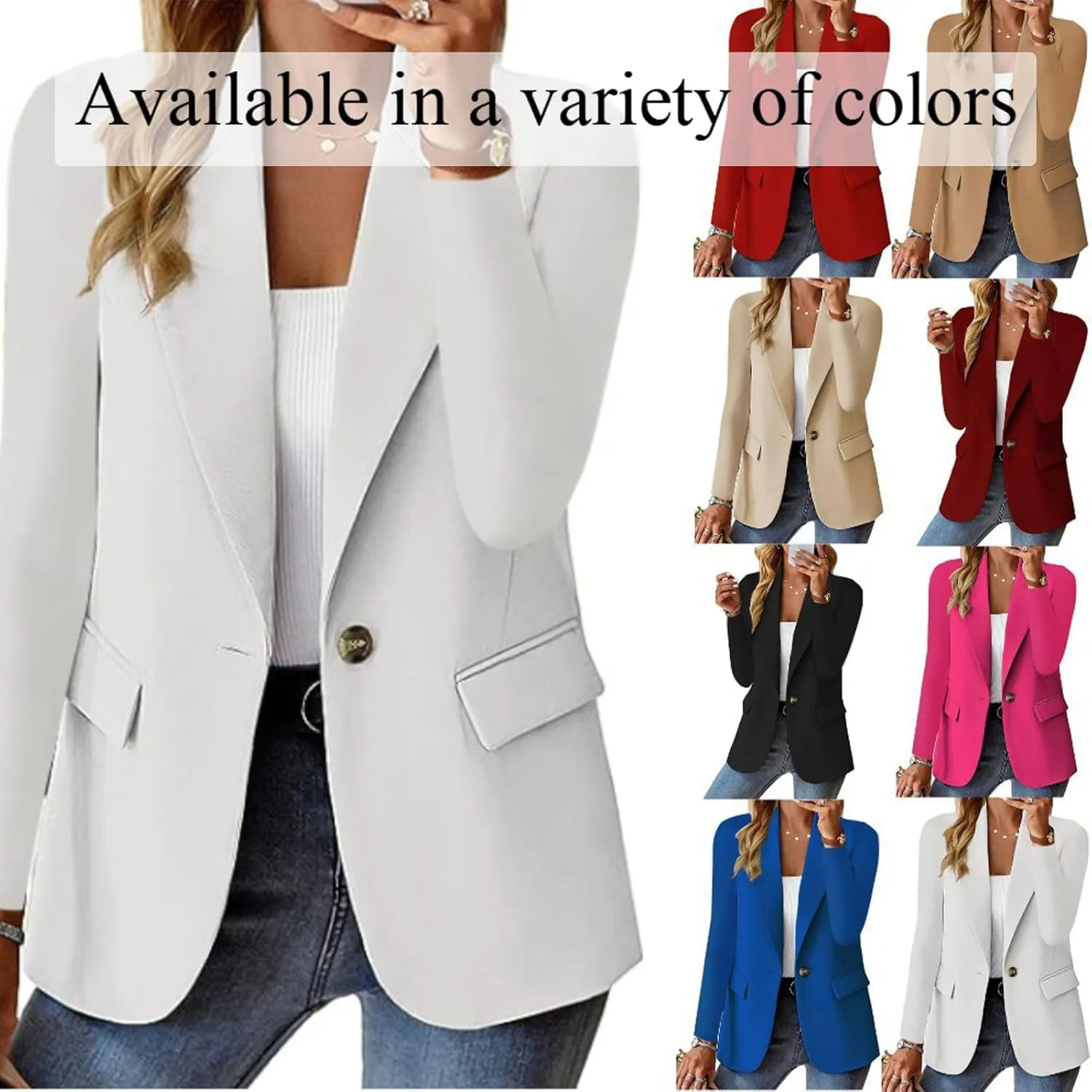 Women's Minimalist Solid Button Lapel Collar Blazer, Trendy Dressy Casual Suit Jackets Business Office Long Sleeves