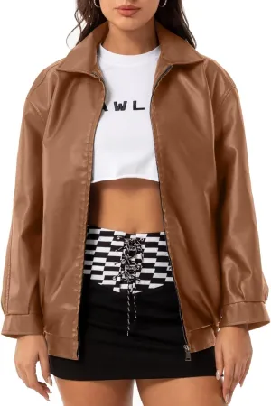 Womens Oversized Faux Leather Jackets Fashion Zip Up Motorcycle Loose Fit Jacket Fall Trendy Outfits