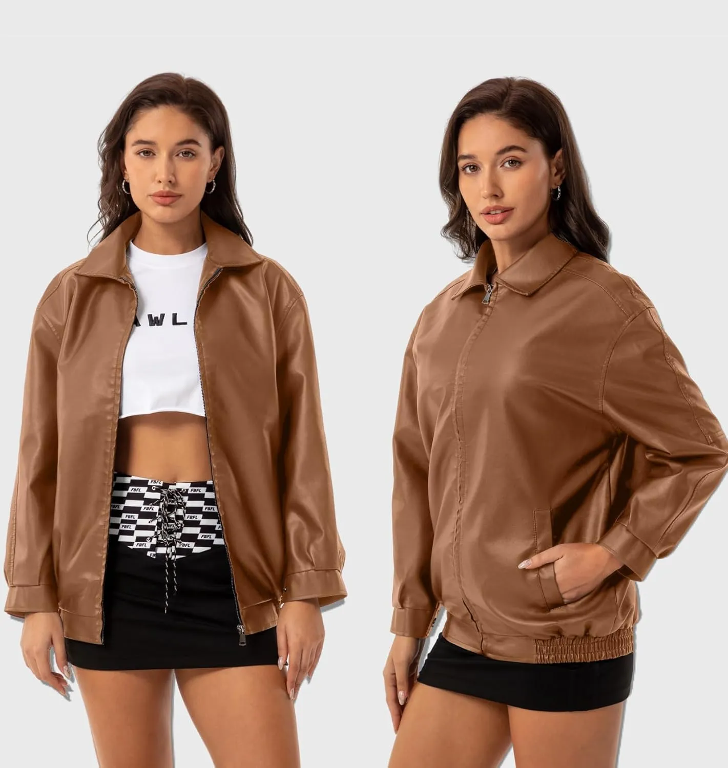 Womens Oversized Faux Leather Jackets Fashion Zip Up Motorcycle Loose Fit Jacket Fall Trendy Outfits